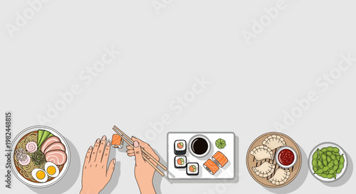 Asian Food Border with Ramen Sushi Gyoza and Edamame Illustration with Copy Space