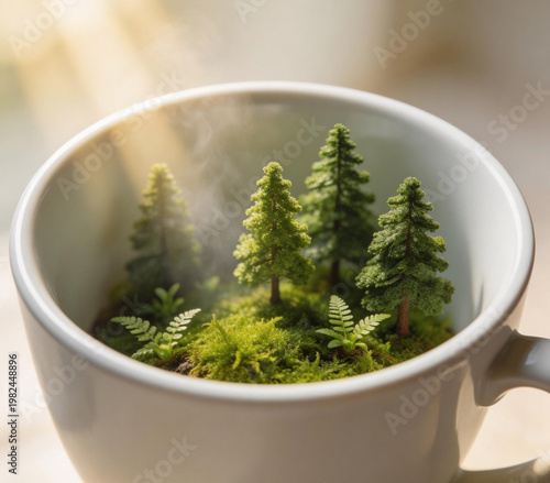 Miniature Forest Growing Inside Coffee Cup Surreal Nature Concept Eco Environment