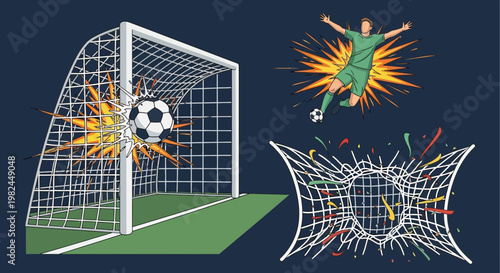 Soccer Goal Explosion, Player Celebration, Net Bursting with Confetti