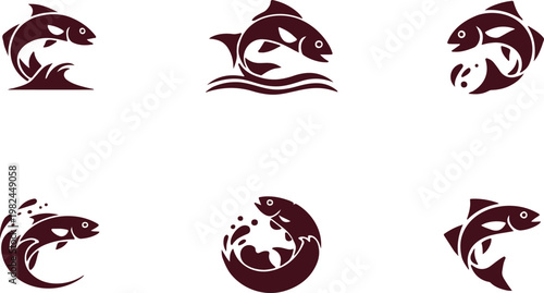 Six maroon fish illustrations in dynamic poses and styles