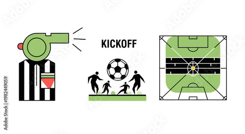 Soccer Kickoff Concept: Referee Whistle, Players and Field Diagram