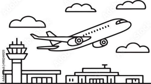 Commercial airplane taking off from airport terminal illustration