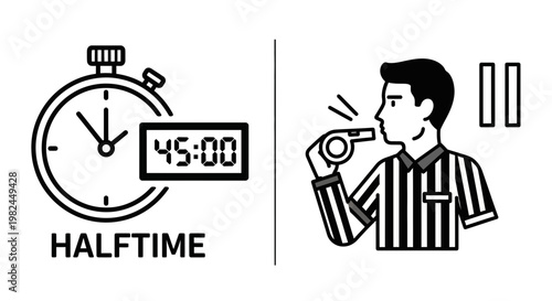 Bild auf Leinwand Sports Halftime Whistle and Timer Icon - Referee Blows Whistle, Stopwatch Shows