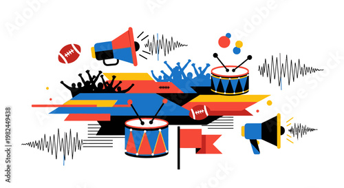 Sports Fanatic Celebration: Drums, Megaphones, Crowd, and American Football
