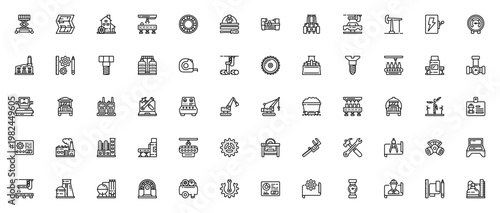 Industrial machinery icon set. Vector icons pack for factory, tools, conveyor, robot arm, machinery, equipment, planning and more. Editable thin line illustrations.