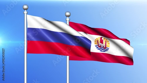 Russia and French Polynesia National Flag Waving on Pole Loop
