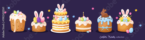 Easter Treats Collection: Set of Vector Flat Illustrations of Easter Cakes, Sweet Breads and Muffins with Bunny Ears, Painted Eggs and Chocolate Rabbit on Dark Background.