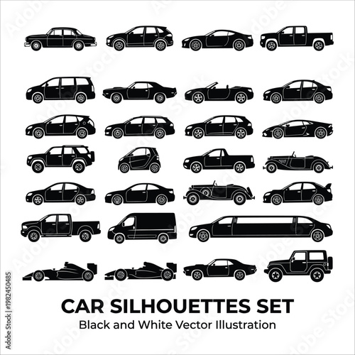 Car Silhouettes Set Black and White Vector Collection