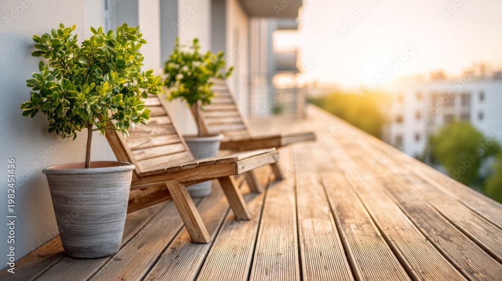 Obraz premium Modern Outdoor Balcony with Simple Seating and Potted Plants at Sunset