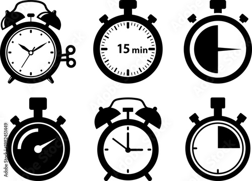 Collectionofvariousalarmclocksandstopwatchesiconsonwhitebackground