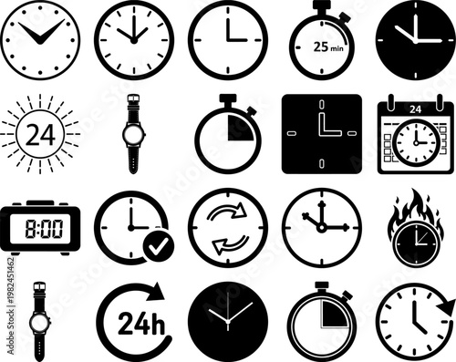 Collection of various clock and watch icons in black and white colors