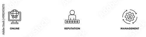 ORM banner web icon set vector illustration concept for online reputation management with icon of internet, browser, winner, trust, favorite, and business