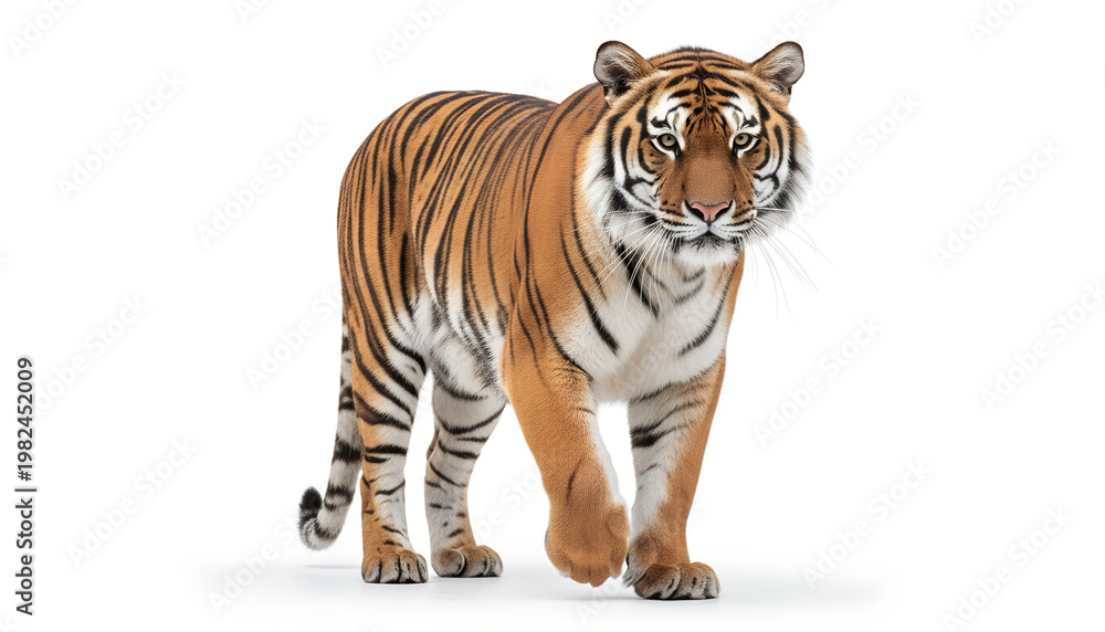 Obraz premium Bengal tiger walking slowly toward the camera on isolated white background