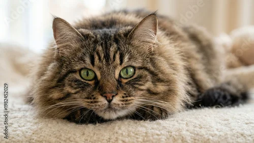 Fototapeta na wymiar Siberian Cat Ultra Close Up Portrait with Thick Tabby Fur and Green Eyes