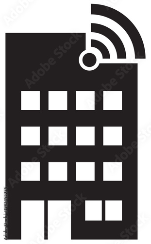 Wi-Fi通信を表すビルのアイコン（インターネット・通信会社・黒シルエット）
