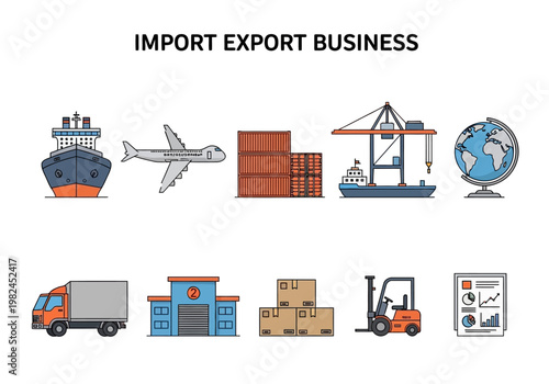 Global trade and logistics icons shipping, air cargo, warehousing, and delivery services