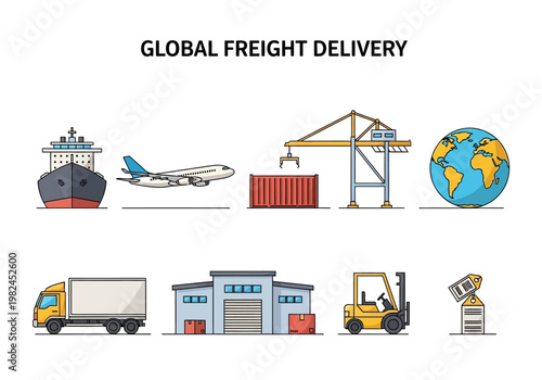 Global Freight Delivery and Logistics Icons for Shipping, Transportation, and Supply Chain
