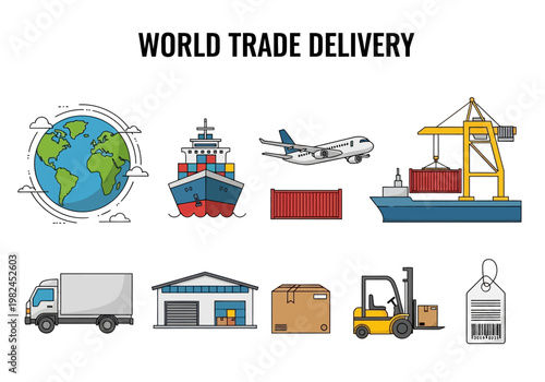Global Shipping and Logistics Icons representing International Trade and Delivery Services