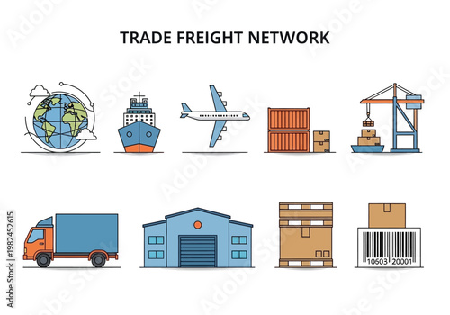 Global trade and freight transportation network icons including shipping, air cargo, and logistics