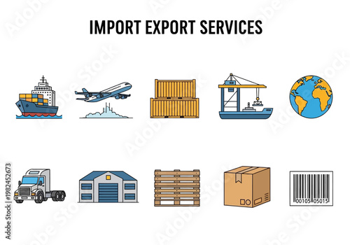 Import Export Services - Global Logistics and Shipping Icons for Business