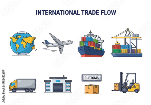 Global Logistics and International Trade Flow Transportation and Shipping Icons