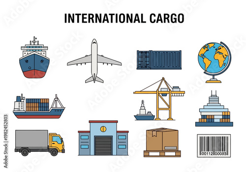 Global Logistics and Transportation Icons for International Cargo Services