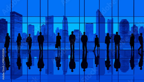 Blue silhouetted business people with reflections in modern cityscape