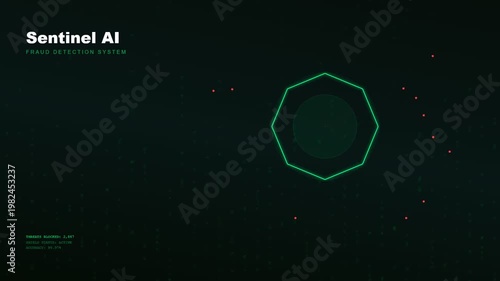 A sophisticated AI financial advisor monitoring a dark digital interface where a glowing geometric scanner identifies fraudulent activity and anomalous red data points across a grid