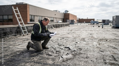 Medium shot showing an adjuster assessing hail damage on a flat commercial roof concentrated on deteriorated membrane surface ladder and building blurred in background.