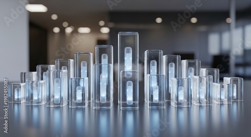 Conceptual 3d Rendered Transparent Blocks with Glowing Elements in Office