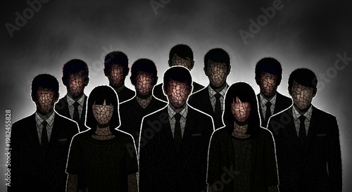 Group of faceless business people standing in dark background.