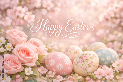 Easter eggs with flower bloom in spring, symbolizing joy, renewal, and hope.