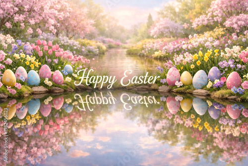 Easter eggs with flower bloom in spring, symbolizing joy, renewal, and hope.