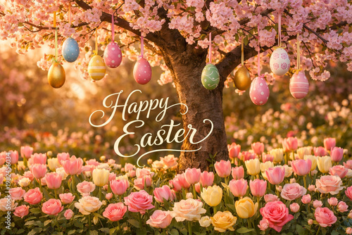 Easter eggs with flower bloom in spring, symbolizing joy, renewal, and hope.