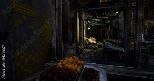 shadowed vendor stall after hours with dim lamp and stacked pottery, quiet corridor bathed in moody darkness, crates of produce tucked away, sense of close