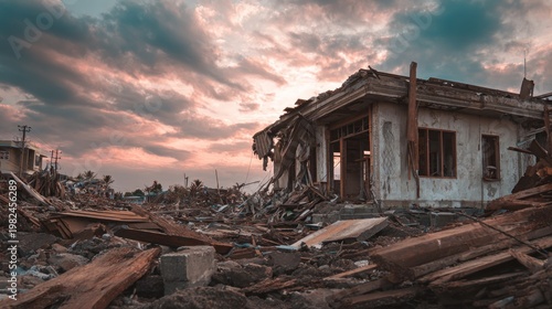 Desolate post-disaster scene of a collapsing building under a dramatic sunset sky