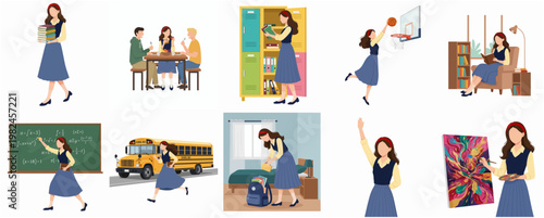 Cute Cartoon Various Pose School Student Daily Activities Illustration Set
