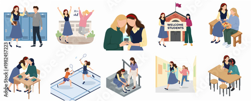 Cartoon Isometric Students Various Activities Illustration in Different Place at School