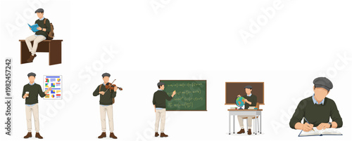 Flat Illustration Man Doing Various Education Activity and Learning in Class