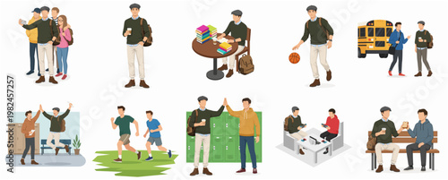 Flat Character Illustration Collection of College Student Life Various Activities