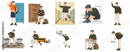 Flat Style Collection of Teen Boy Activities at School Illustration