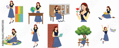 Simple Flat Style Character Girl in Various Activities and Scenes Illustration