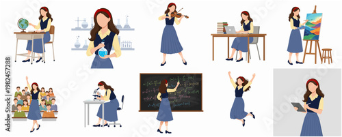 Flat Illustration Set of Female Students and Teachers in Various Activities