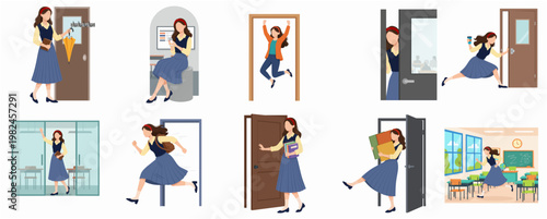 Flat Style Diverse Student Activities with Doorway Various Poses Illustration