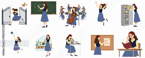 Flat Style Detailed Schoolgirl Performing Different Activities Illustration Set