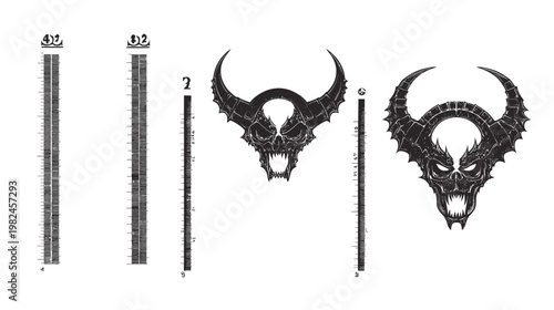 Stylized skull illustration with horns and fangs, with height markers on either side