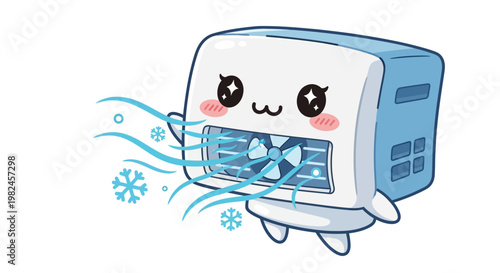 Cute Cartoon Air Cooler Fan Character Blowing Cool Breeze and Snowflakes