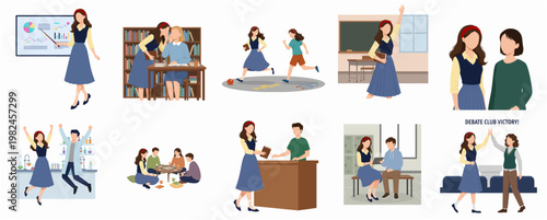 Flat Illustration Various Female Student Activities College Life Cartoon Illustration