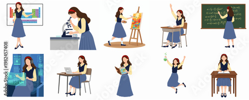 Minimalist Diverse Set of Young Female Student Studying Activities Illustration