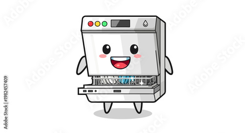 Cute Cartoon Dishwasher Character with Happy Face, Open Door and Dishes Inside